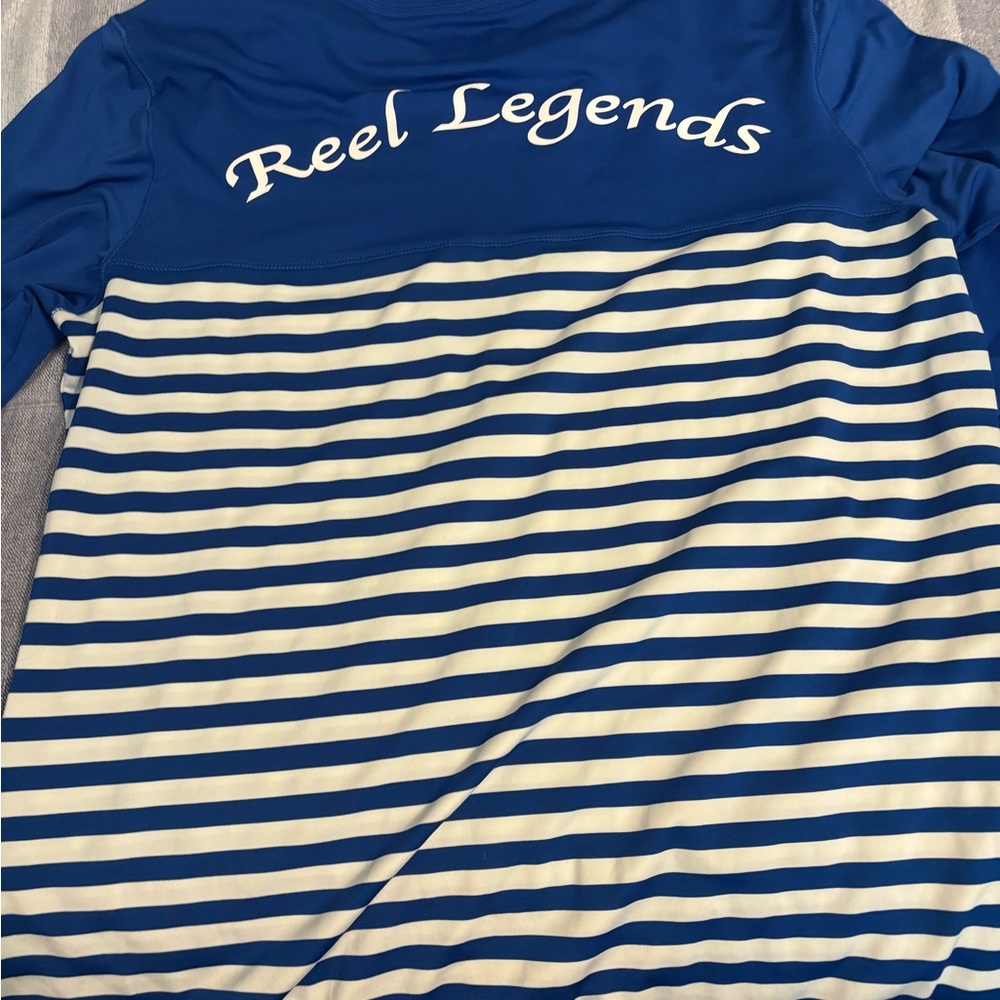 Ladies Reel Legends Blue and White Striped swim shirt and shorts set